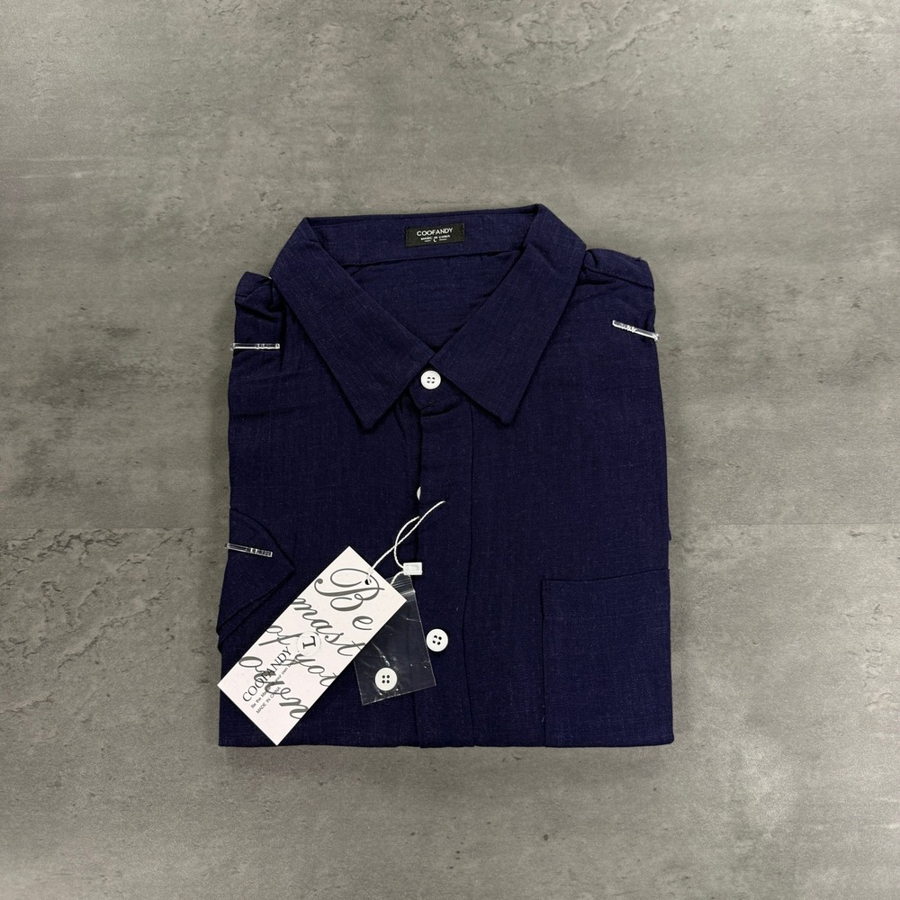 COOFANDY Camp Shirt Mens L Navy Blue Short Sleeve Linen Blend Button-Down NEW
